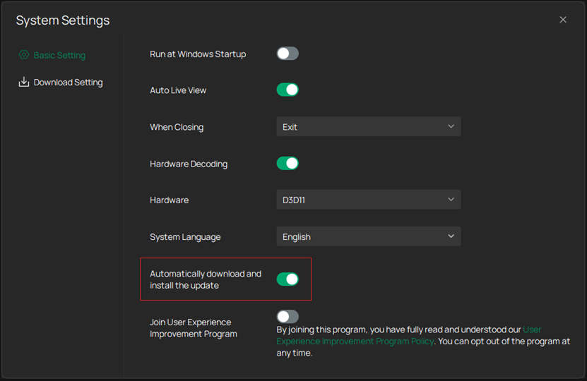 The position of button for enabling automatic upgrade.