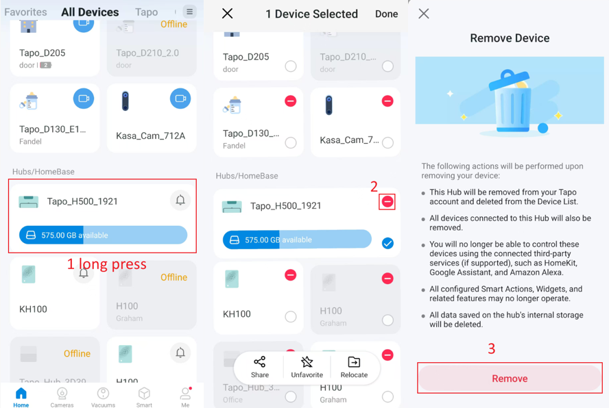 Steps to reset the hub by long-tapping the hub card.