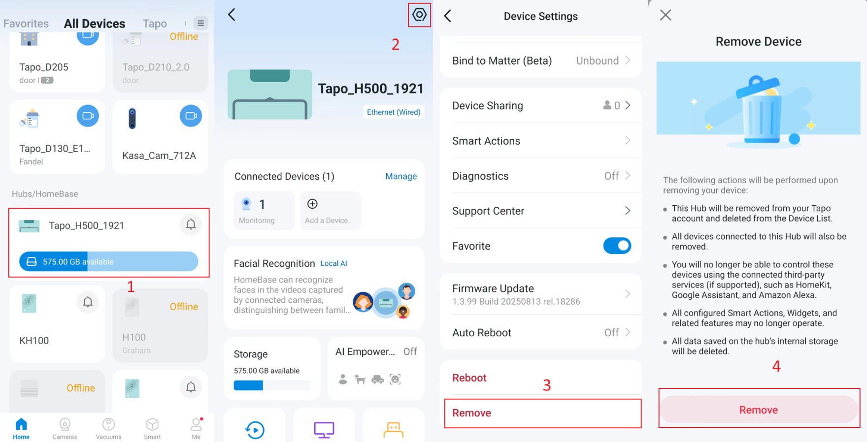Steps to reset the hub via hub settings.