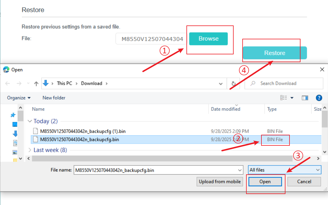 The interface to restore settings.