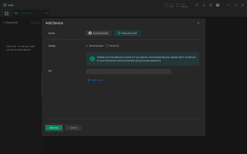 User interface of the Manually Add feature.