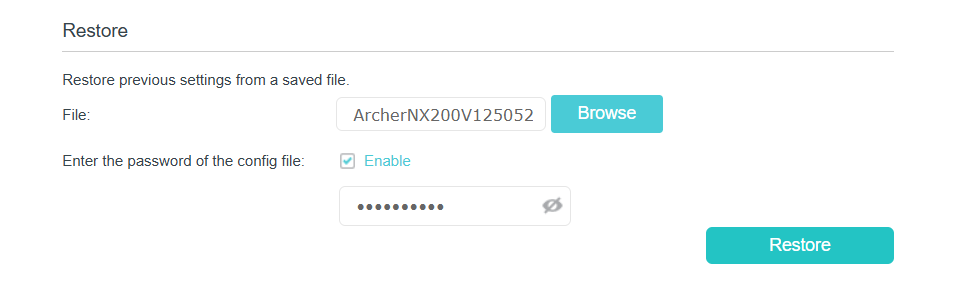 The interface to restore settings.