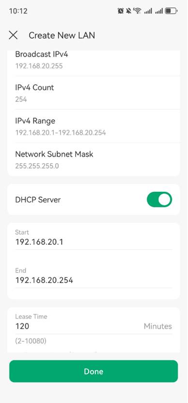 DHCP range of new VLAN and other default settings.