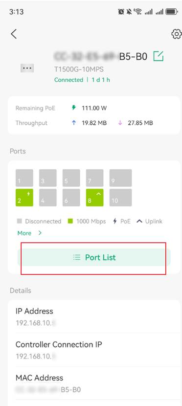 Show the location of the switch port list.
