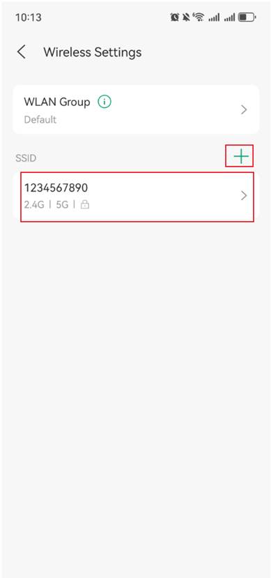 Display existing SSIDs and the location of the “+” button for adding new SSIDs.