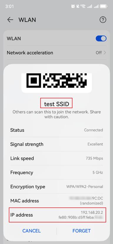 Check IP address on test mobile phone.