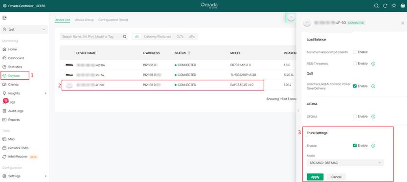 Show the location of EAP trunk settings in controller mode.