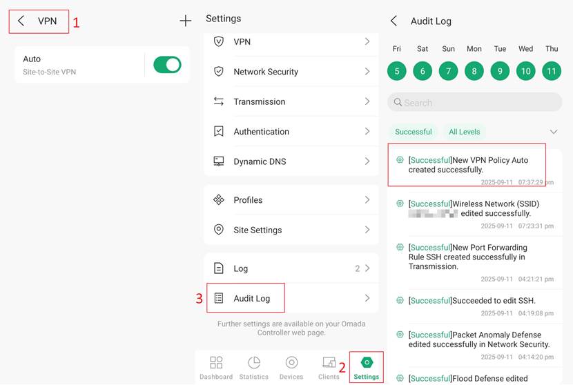 Auit log page that tracks whether the Auto VPN is successfully set up or not.