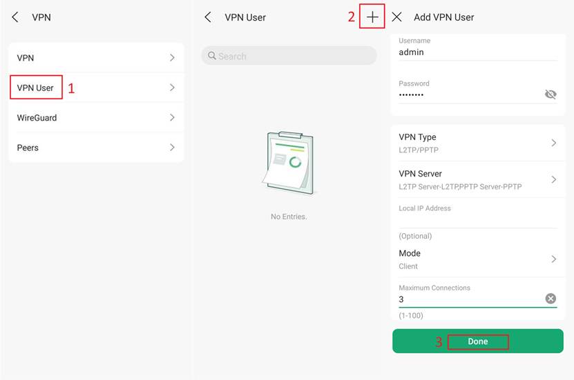 User Interface and Procedure for Configuring PPTP VPN User.