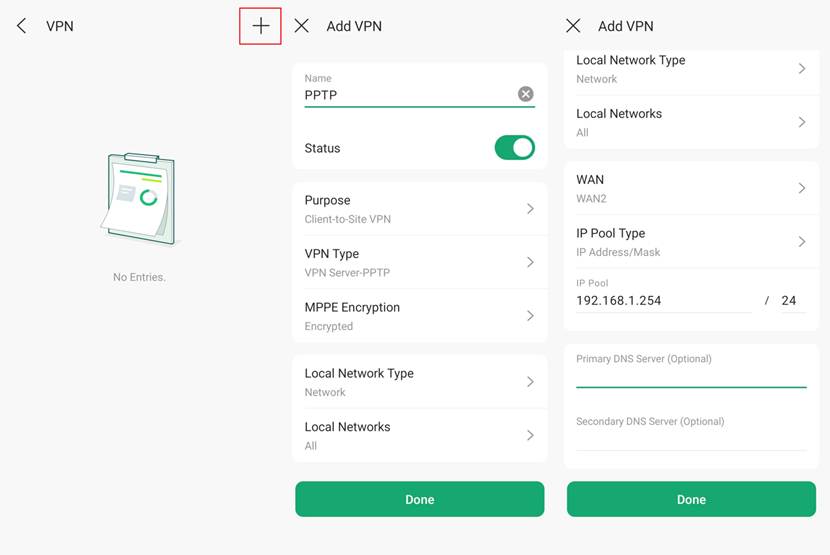 User Interface and Procedure for Configuring PPTP VPN sever.