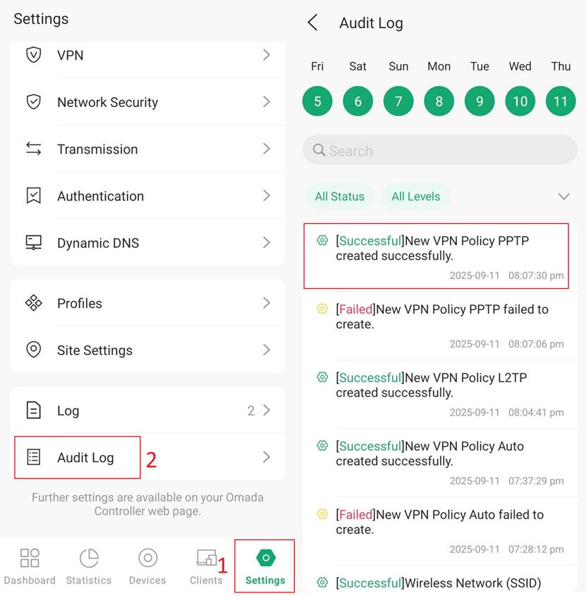 Auit log page that tracks whether the LLTP VPN sever is successfully set up or not.
