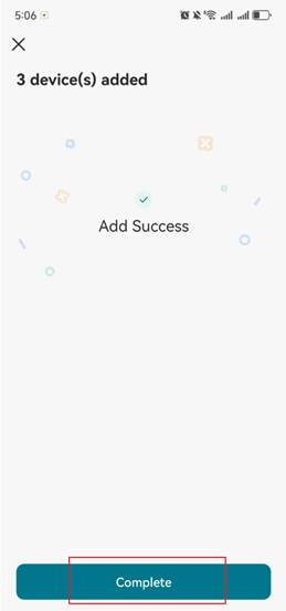 Display the page confirming successful device addition and the location of Complete.