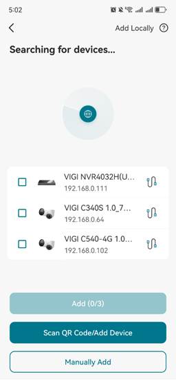 Display page for searching devices on the same network.