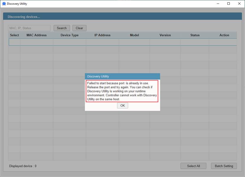 Page showing error information that the port is occupied.