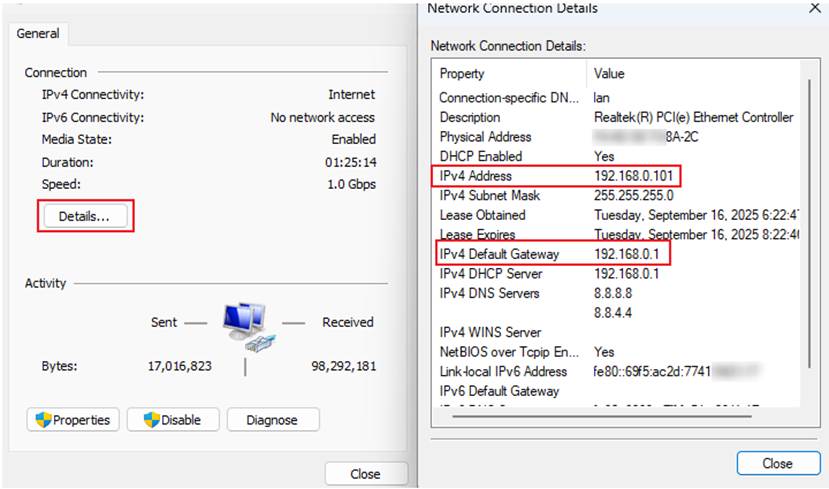 Show the location of the gateway IP address.
