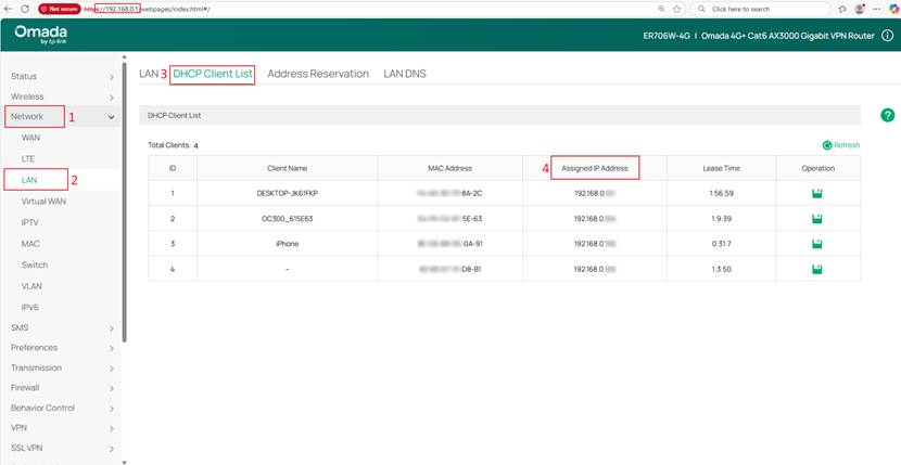 Display the DHCP Client list page of the Omada router.  