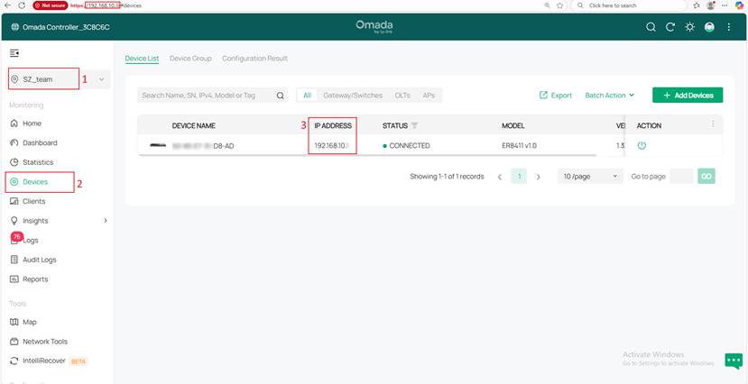 Show the location of the device IP by logging into the hardware controller.