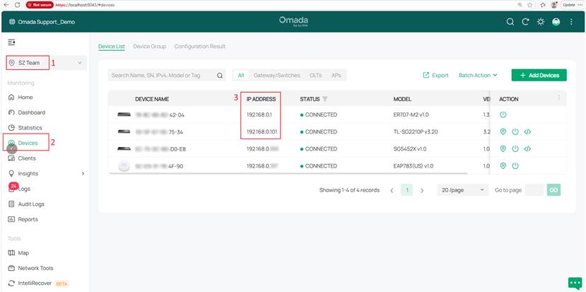 Show the location of the device IP by logging into the software controller.