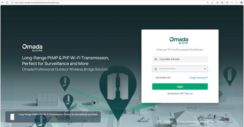 Display the Omada cloud login interface.