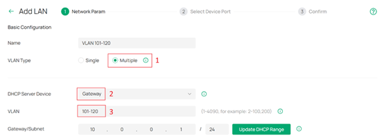 In Network Param, configuring a VLAN bridge with a VLAN range from 101 to 120.