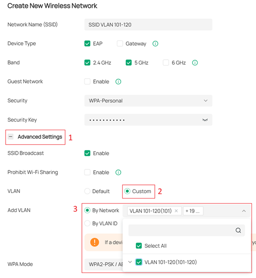 Configuring an SSID bound to multiple VLANs by a created network