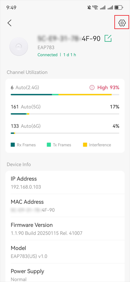 Show the location of the Settings icon of EAP.