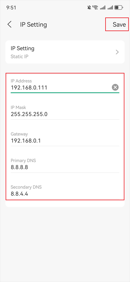 Show the location of static IP settings and the save button.