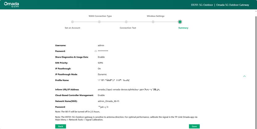 Summary displays all settings just applied on the device.
