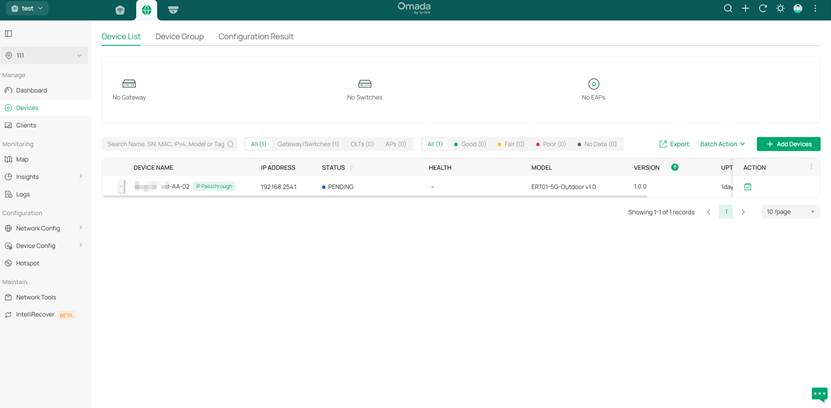The device has now appeared in the Devices section of the Controller.