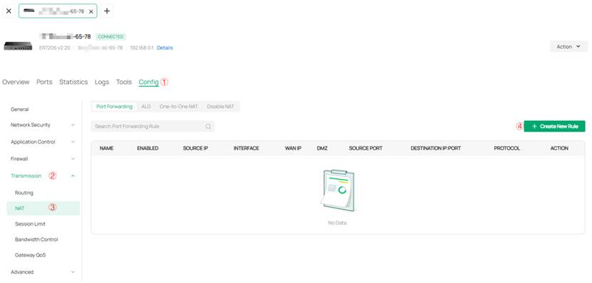 Configure the port forwarding rules step-by-step in the private management interface of the gateway.