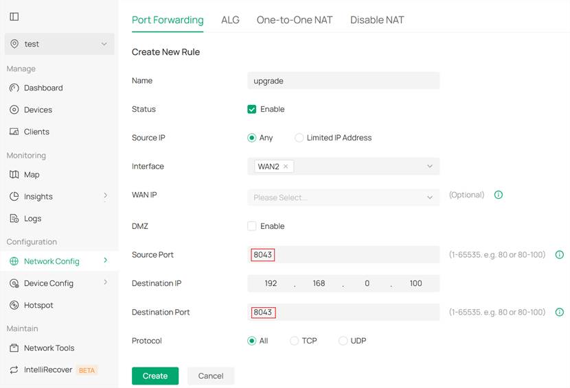 Configure the port forwarding rule for manual upgrade.