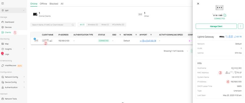 View the IP Address and MAC Address of the Local Controller in the Clients Option within the Site View.