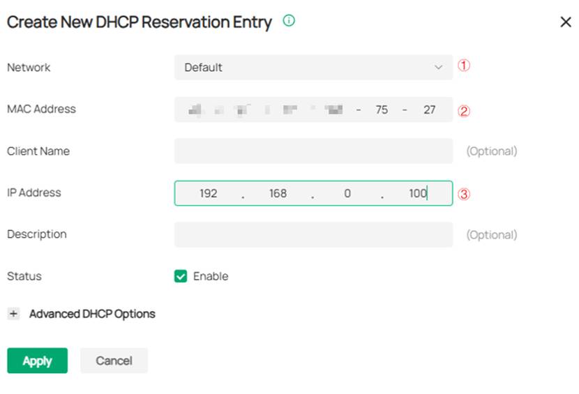 Enter the device information of the controller to configure the DHCP Reservation Entry.