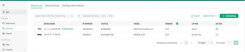 The ODU device has successfully appeared in the Devices option of the site view.