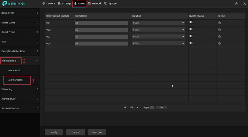 Alarm output configuration page.