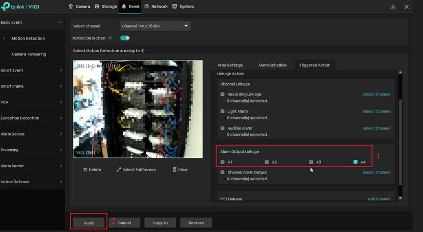 Set the alarm linkage on the event setting page.