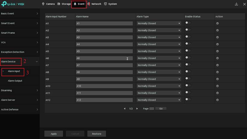 Show Alarm input configuration page.