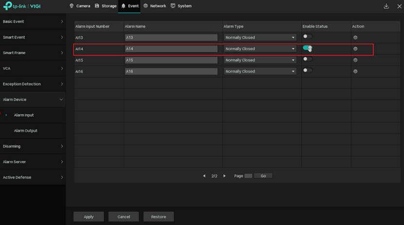 Enable A14’s alarm input.