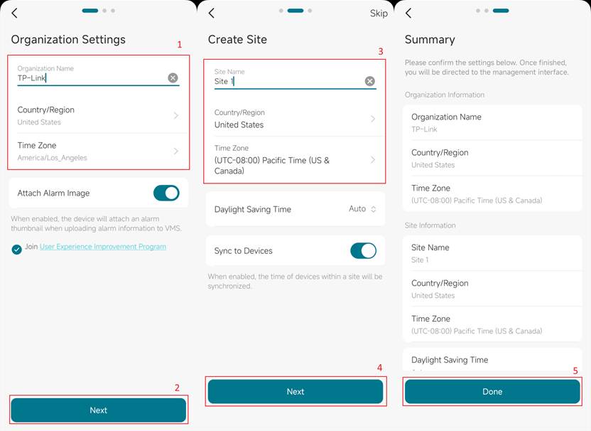 Three pages from creating organization, to creating site and to summary.