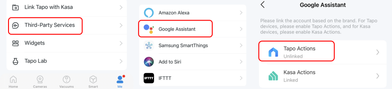The path in Tapo app to connect Tapo/Kasa with Google.
