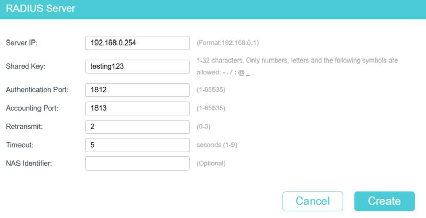 Settings of RADIUS Server.