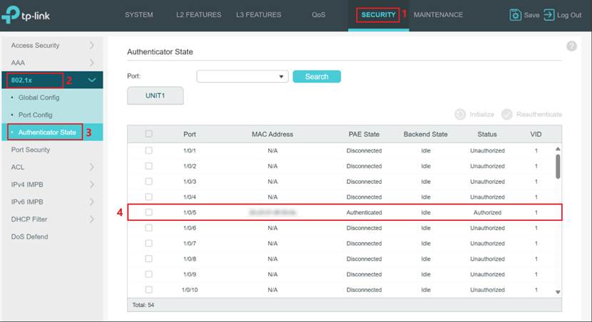 Check Authenticator State on Omada switch.
