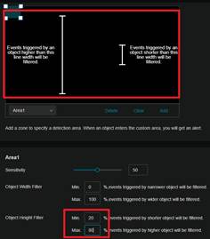 Object size filtering setting and reference line display.