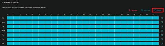 Screen to reset arming schedule.