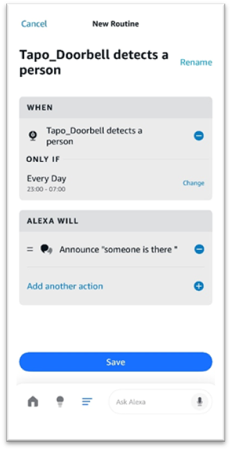 Create a routine that announces the presence of people when a person is detected at night.
