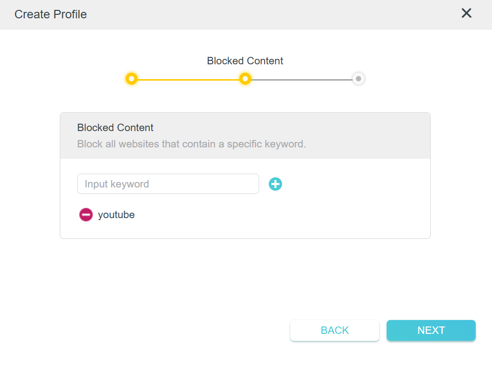 Create Profile dialog at the Blocked Content step, showing a keyword input field, an added keyword "youtube" with a delete button, and Back/Next navigation buttons.