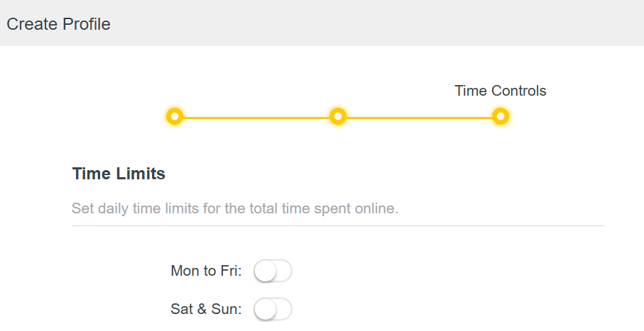 Create Profile dialog at the Time Controls step, showing Time Limits settings with toggles for Mon to Fri and Sat & Sun, and a progress indicator.