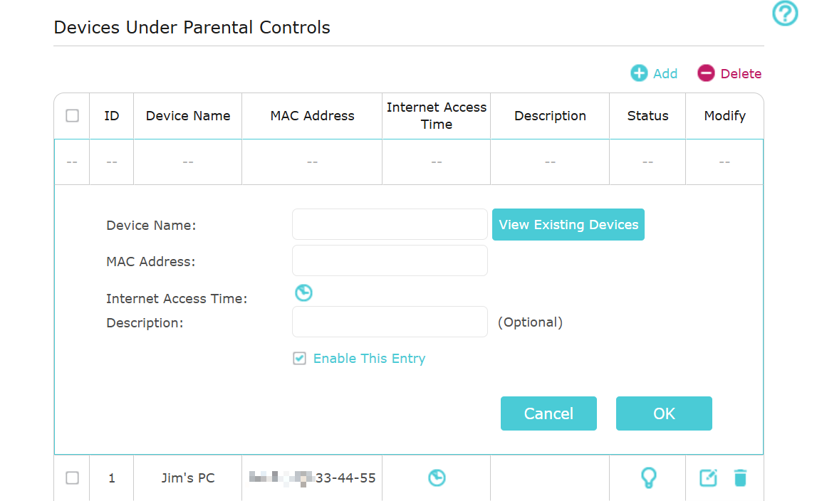 Devices Under Parental Controls interface with a device table, add/delete buttons, and input fields for device details.