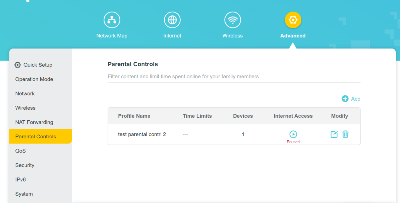 Parental Controls page under Advanced tab, with left sidebar menu (Parental Controls highlighted) and main content area displaying profile management table.