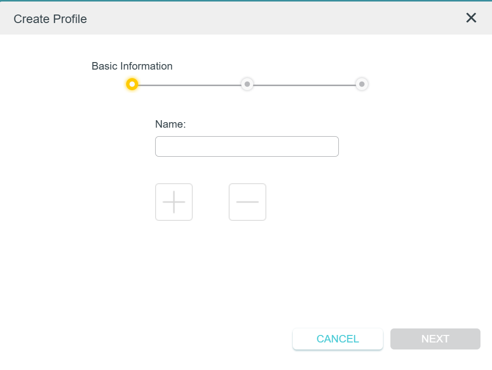 Create Profile dialog showing the Basic Information step with a name input field, plus/minus device selection buttons, and Cancel/Next action buttons.